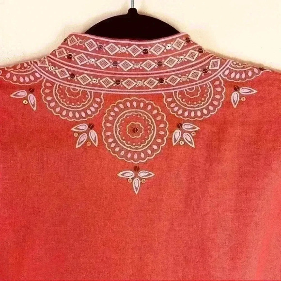 J. Crew Coral Embroidered Embellished V-Neck Linen Kimono Tunic Top Size XS - Picture 10 of 12